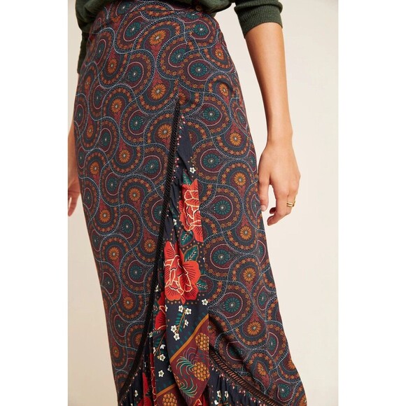 Farm Rio Mermaid Skirt Small Brown Abstract Ruffled Cordoba Wrap Boho Western - Picture 4 of 12